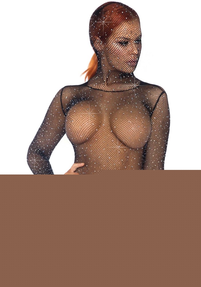 Фетиш-тедді Leg Avenue Rhinestone net hooded teddy One size Black, довгі рукави, фетиш-капюшон - зображення 1