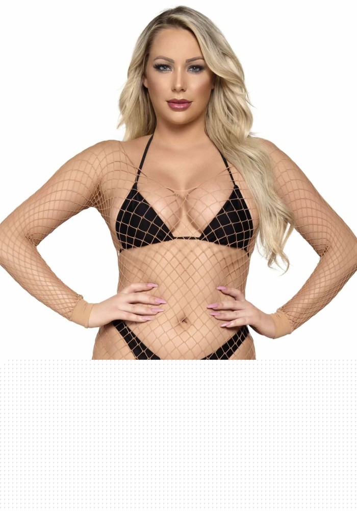 Бодістокінг у велику сітку Leg Avenue Long Sleeved Bodystocking One size Nude, довгий рукав - зображення 1