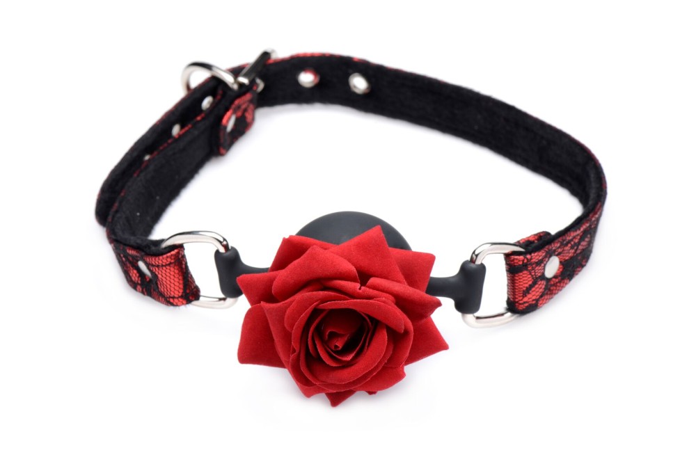 Кляп з трояндою Master Series: Eye-Catching Ball Gag With Rose, чорно-червоний - зображення 1