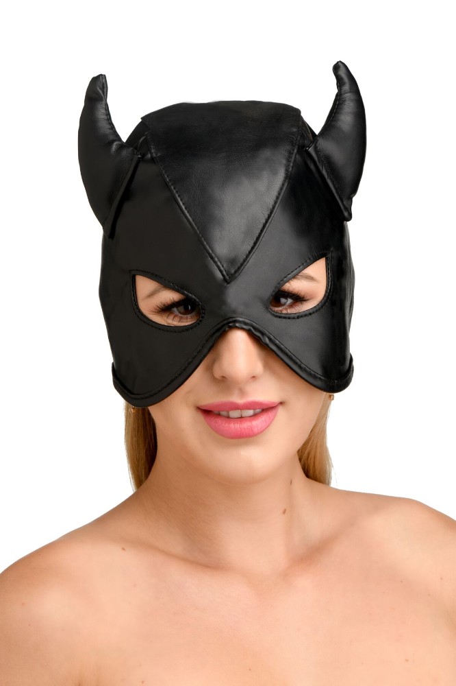 Маска з рогами Master Series: Dungeon Demon Bondage Mask with Horns, чорна - зображення 1
