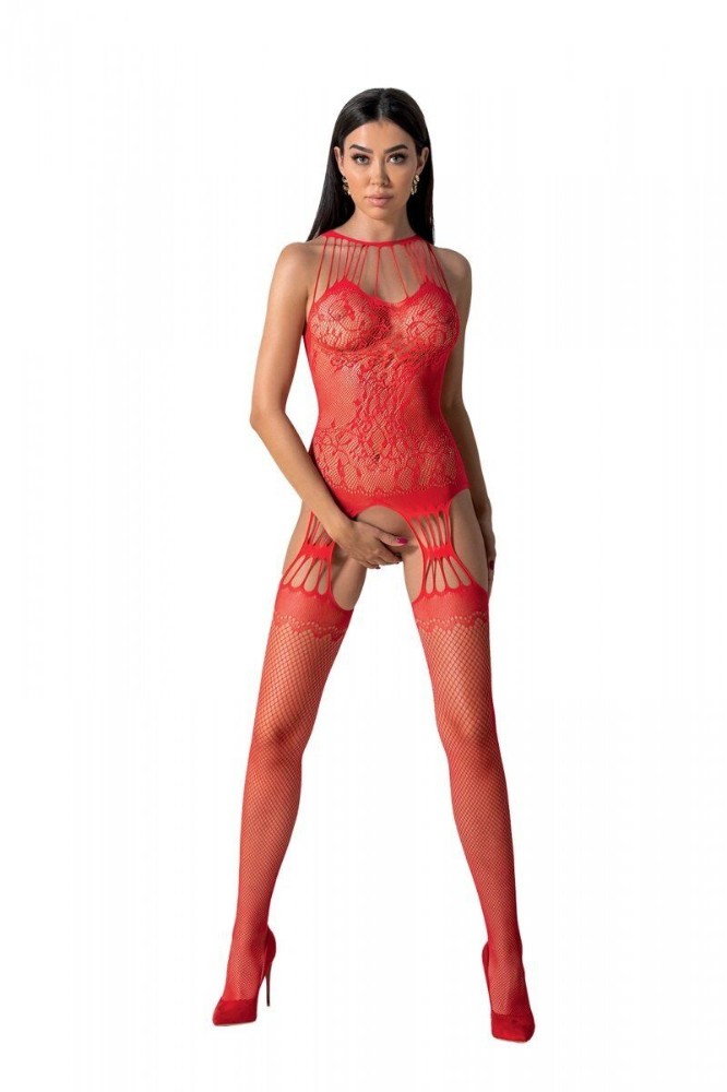 Бодістокінг з безліччю бретелей Passion BS095 One Size, red, імітація пояса та панчіх, з доступом - зображення 1