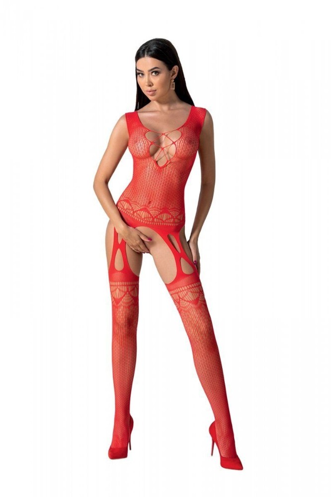 Бодістокінг з плетінням на грудях Passion BS099 One Size, red, відкритий доступ, імітація підв’язок - зображення 1