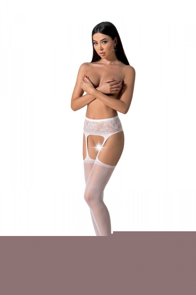 Еротичні колготки-бодістокінг з тонкими підв’язками Passion S028 One Size, white, відкритий доступ - зображення 1