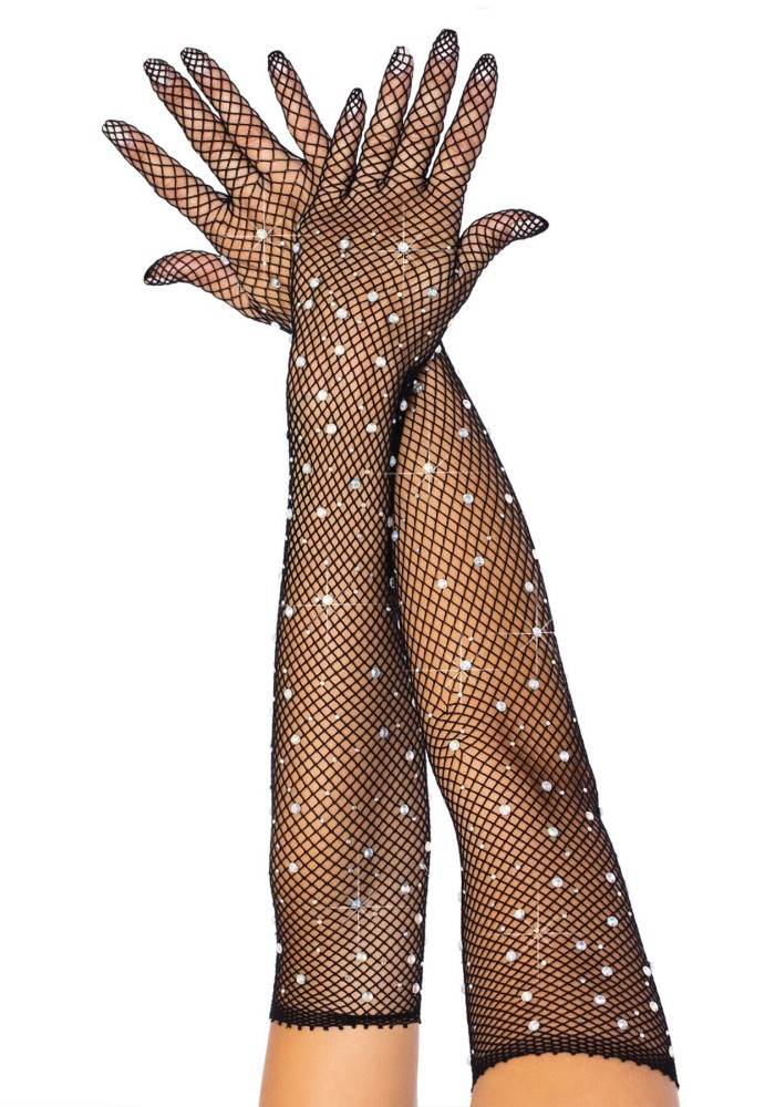 Довгі сітчасті рукавички Leg Avenue Rhinestone opera length gloves, з камінням, One Size - зображення 1