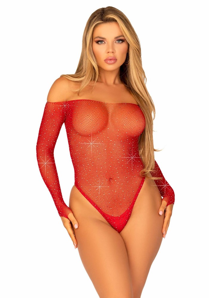 Сітчасте боді зі стразами Leg Avenue Crystalized fishnet bodysuit Red One Size - зображення 1