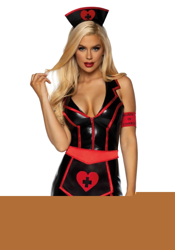 Вініловий костюм медсестри Leg Avenue Vinyl Naughty Nurse XS, сукня, фартух, пов’язки - зображення 1
