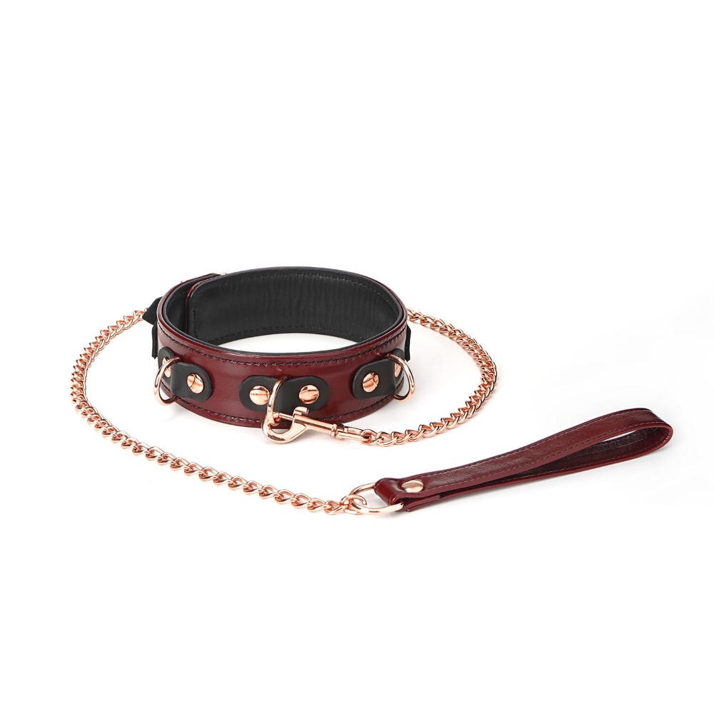 Шкіряний нашийник з повідцем Liebe Seele Wine Red Collar and Leash, 3 кільця для кріплення - зображення 1