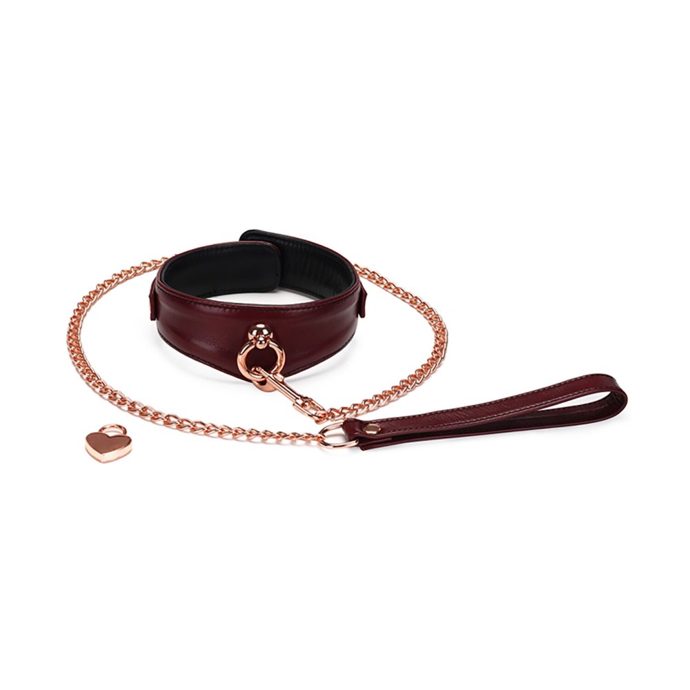 Шкіряний нашийник з повідцем Liebe Seele Wine Red Curved Collar, замок-сердечко - зображення 1