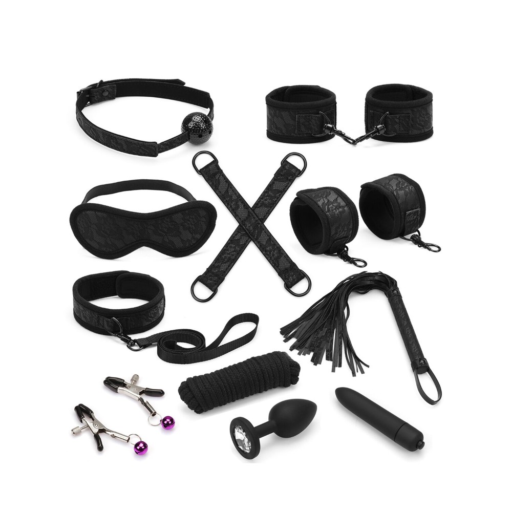 Набір Liebe Seele Black Lace and Neoprene 11pcs Bondage Kit, анальна пробка з кристалом, віброкуля - зображення 1