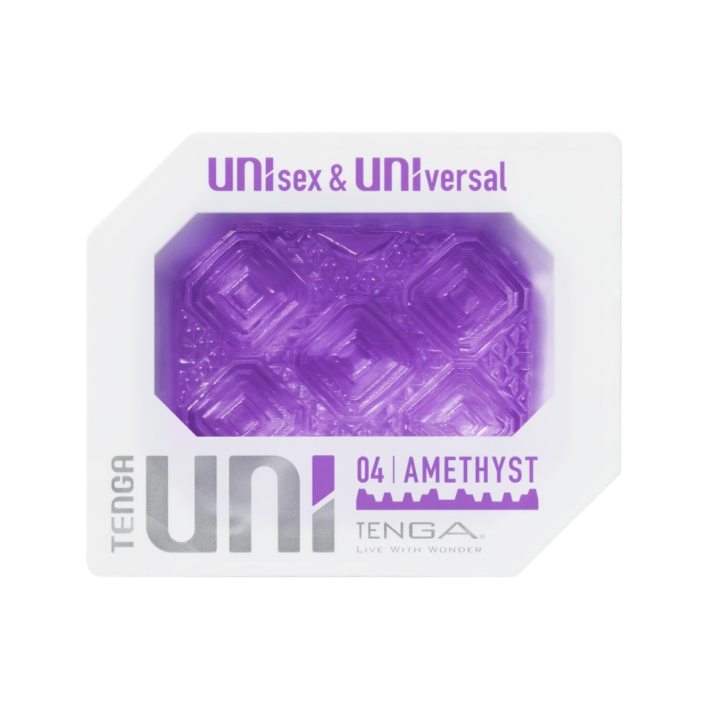 Унісекс-стимулятор Tenga UNI Amethyst, фіолетовий, візерунок у вигляді рельєфних квадратів, лубрикант у комплекті - зображення 1