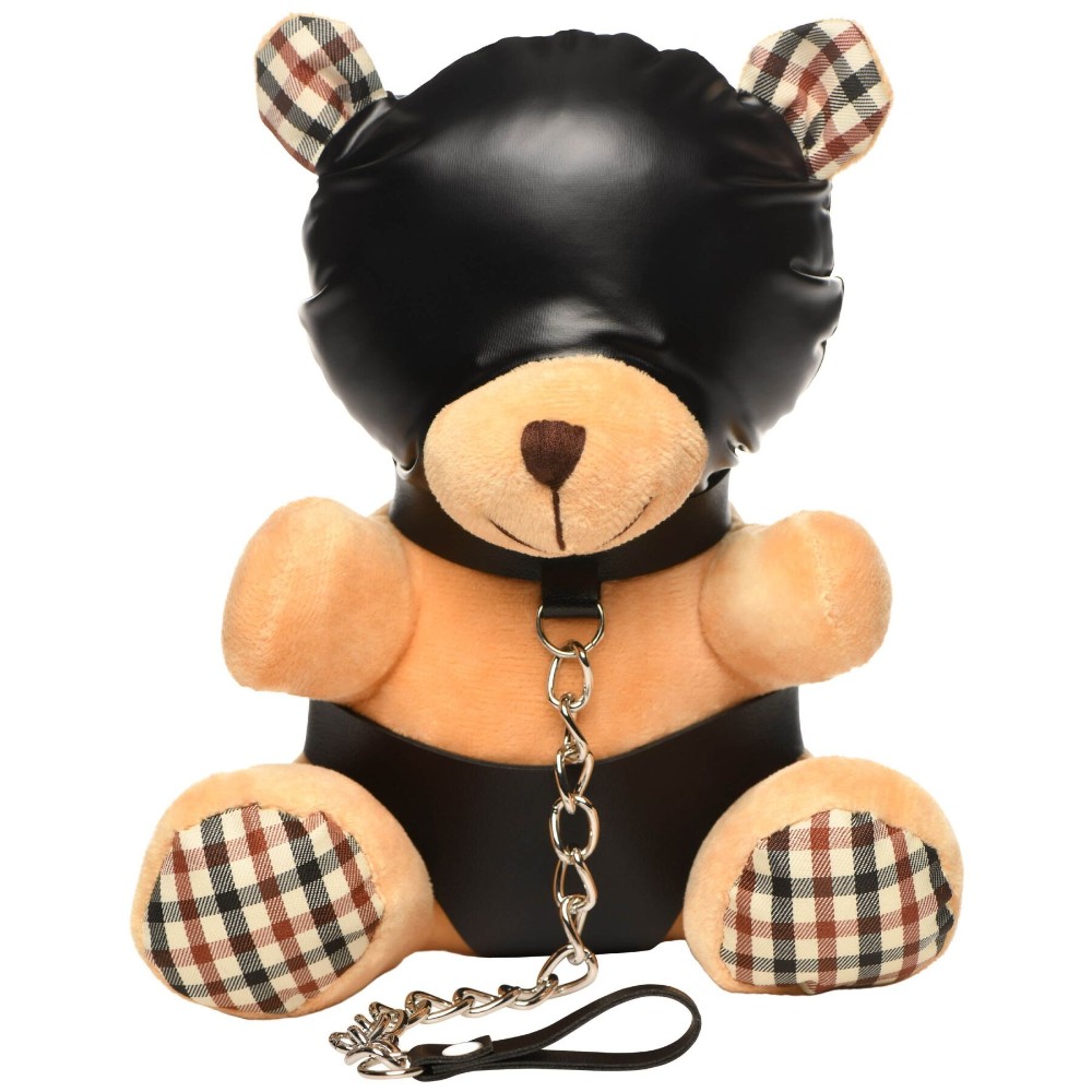 Плюшевий ведмедик HOODED Teddy Bear БДСМ у шкіряному капюшоні з повідцем, 23x16x12 см - зображення 1