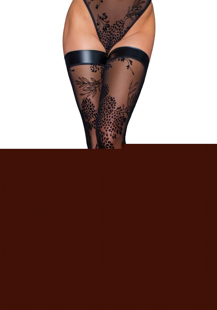 Панчохи без миска Noir Handmade F243 Tulle stockings with patterned flock embroidery, M - зображення 1