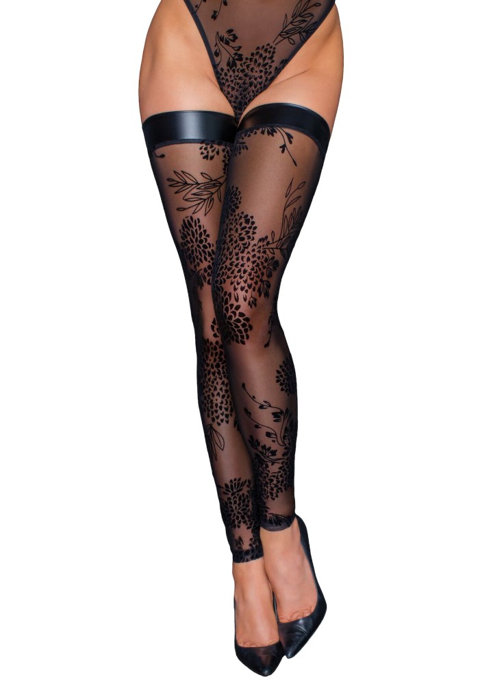Панчохи без миска Noir Handmade F243 Tulle stockings with patterned flock embroidery, XL - зображення 1