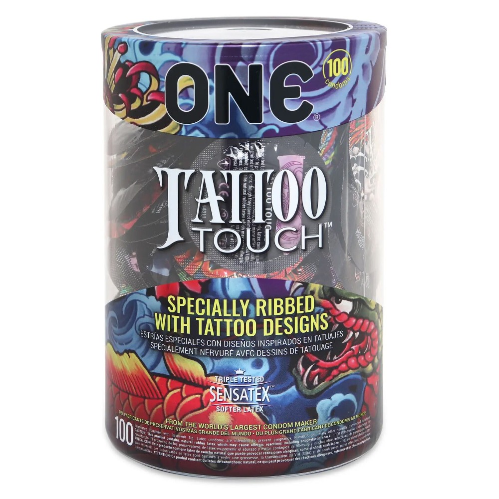 Набір презервативів ONE Tattoo Touch, 100 шт, з рельєфом у вигляді тату, 3 різновиди, паковання-тубус - зображення 1