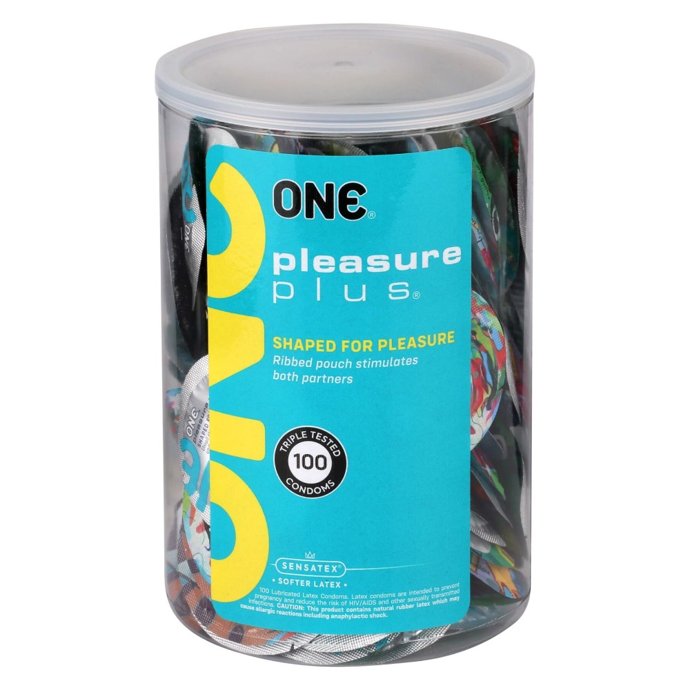 Набір презервативів ONE Pleasure Plus, 100 шт, з ребристою ділянкою на кінці, паковання-тубус - зображення 1