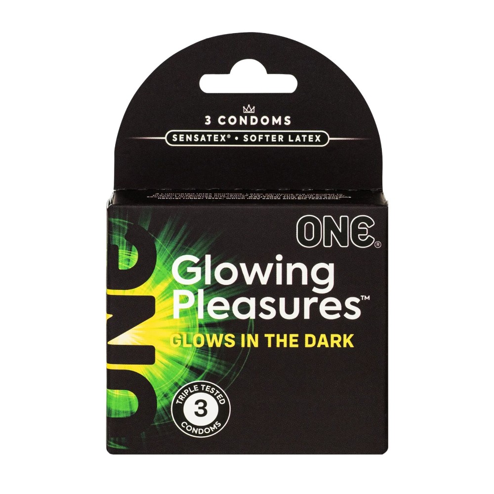 Презервативи ONE Glowing Pleasures, 3 шт, світяться в темряві, зі змазкою, картонне паковання - зображення 1