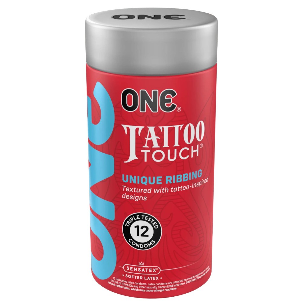 Презервативи ONE Tattoo Touch, 12 шт, рельєф у вигляді тату, 3 різновиди, подарункове паковання-тубус - зображення 1