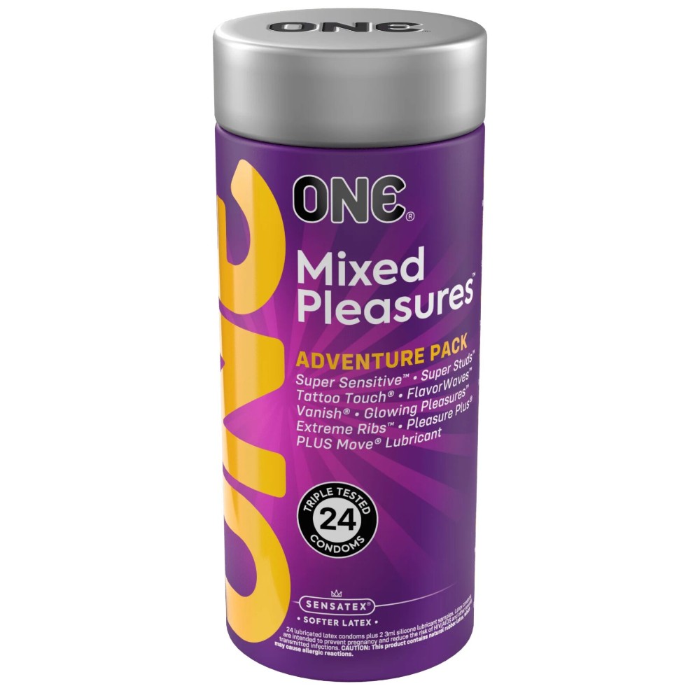 Презервативи ONE Mixed Pleasures, 24 шт, 8 видів, лубрикант у комплекті, подарункове паковання-тубус - зображення 1