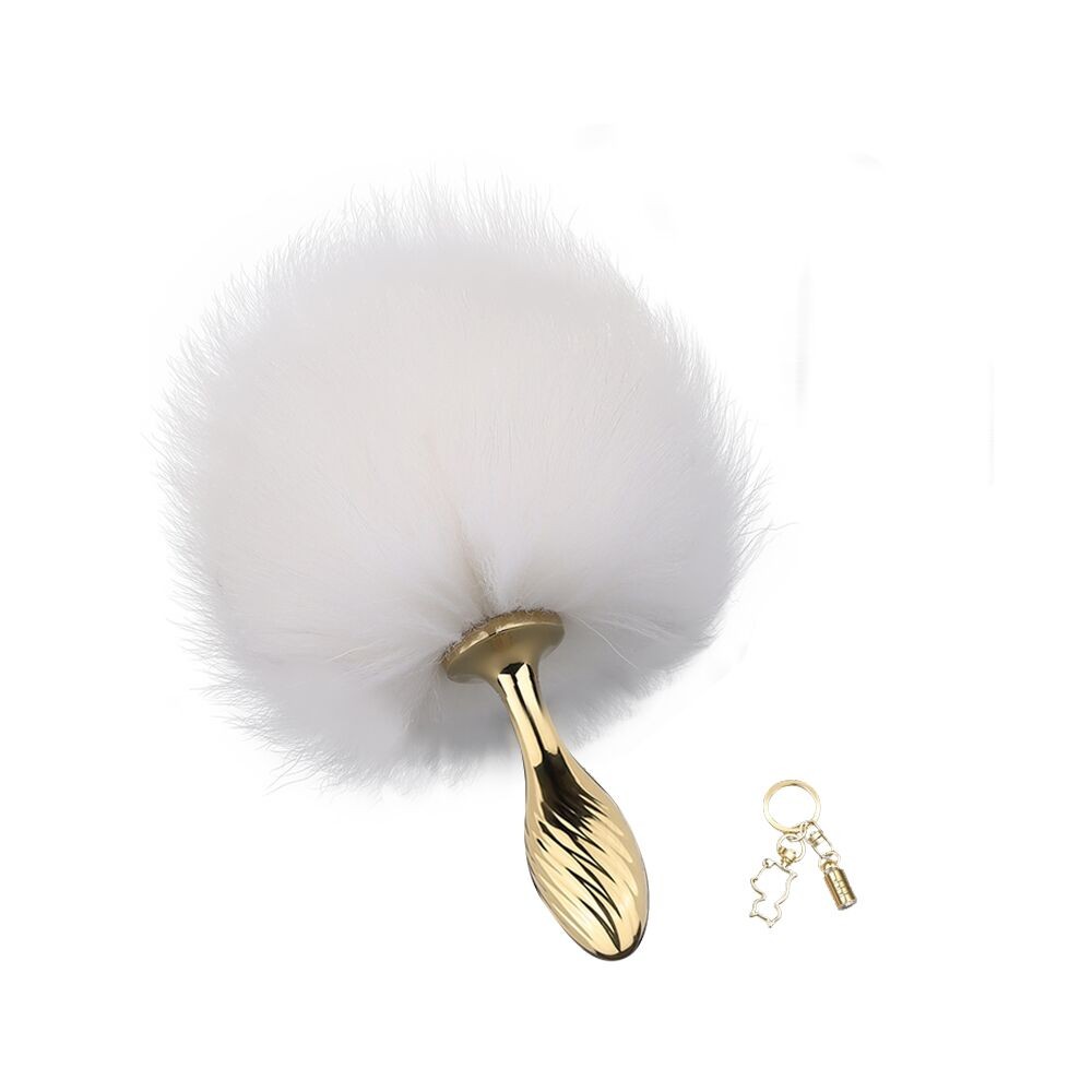 Металева анальна пробка — кролячий хвіст LOCKINK SEVANDA White Bunny-Tail Anal Pear-shape Plug - зображення 1