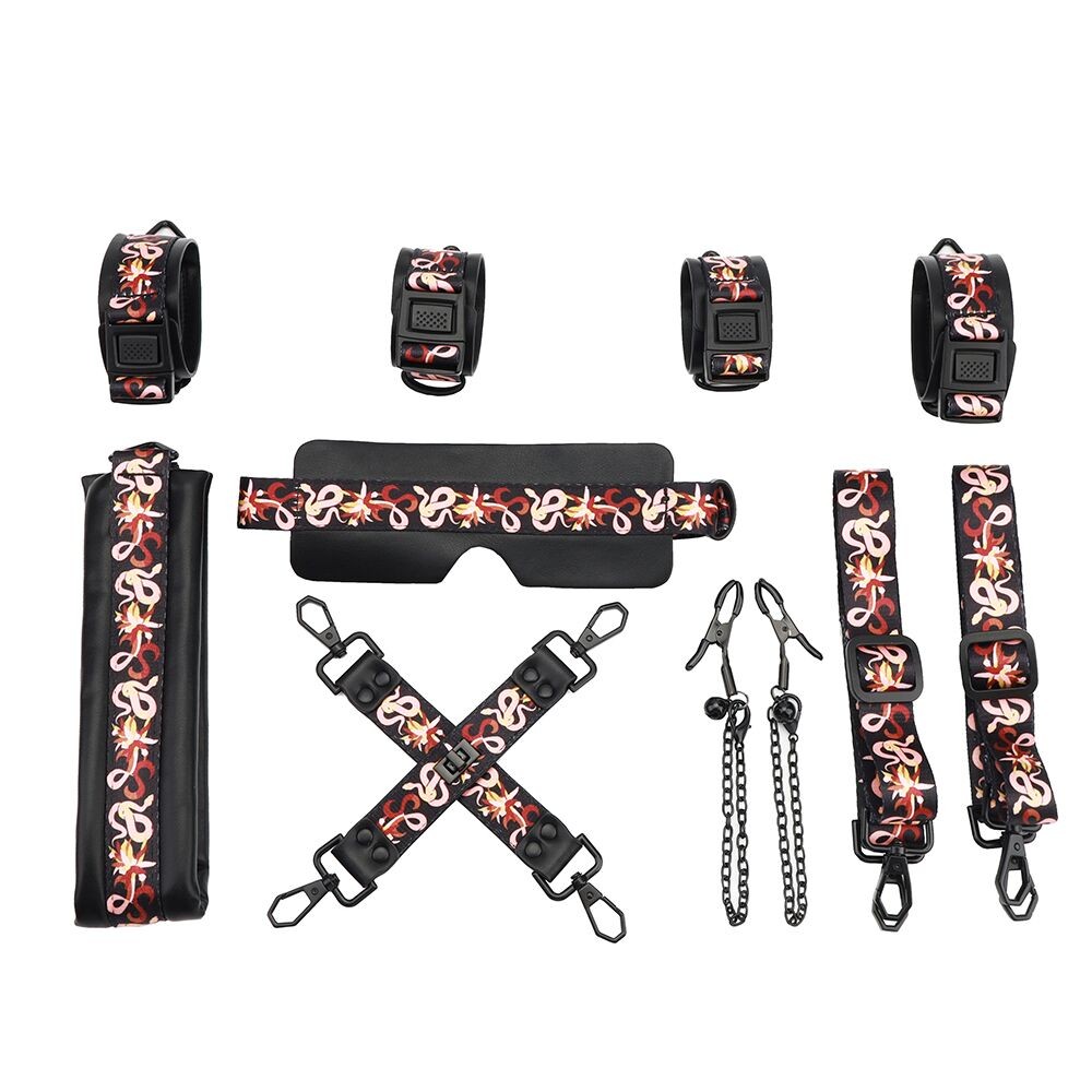 БДСМ-набір LOCKINK The Flowering Serpent Bondage Set, чорний, з малюнком у вигляді змій, 7 предметів - зображення 1