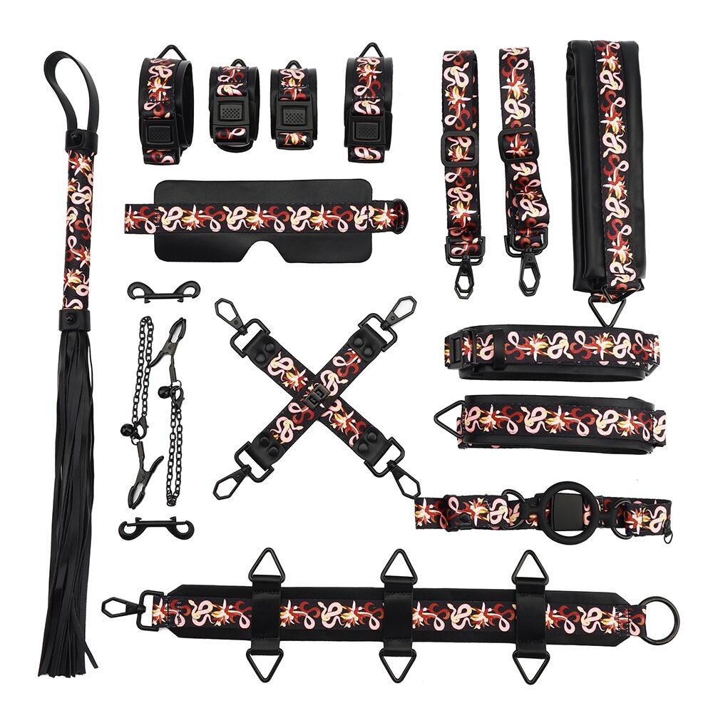 БДСМ-набір LOCKINK The Flowering Serpent Bondage Set, чорний, з малюнком у вигляді змій, 12 предметів - зображення 1