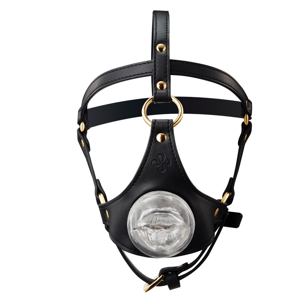 Маска-збруя для мінету LOCKINK SEVANDA Blowjob Head Harness, чорна, з м’якою вставкою у вигляді губ - зображення 1