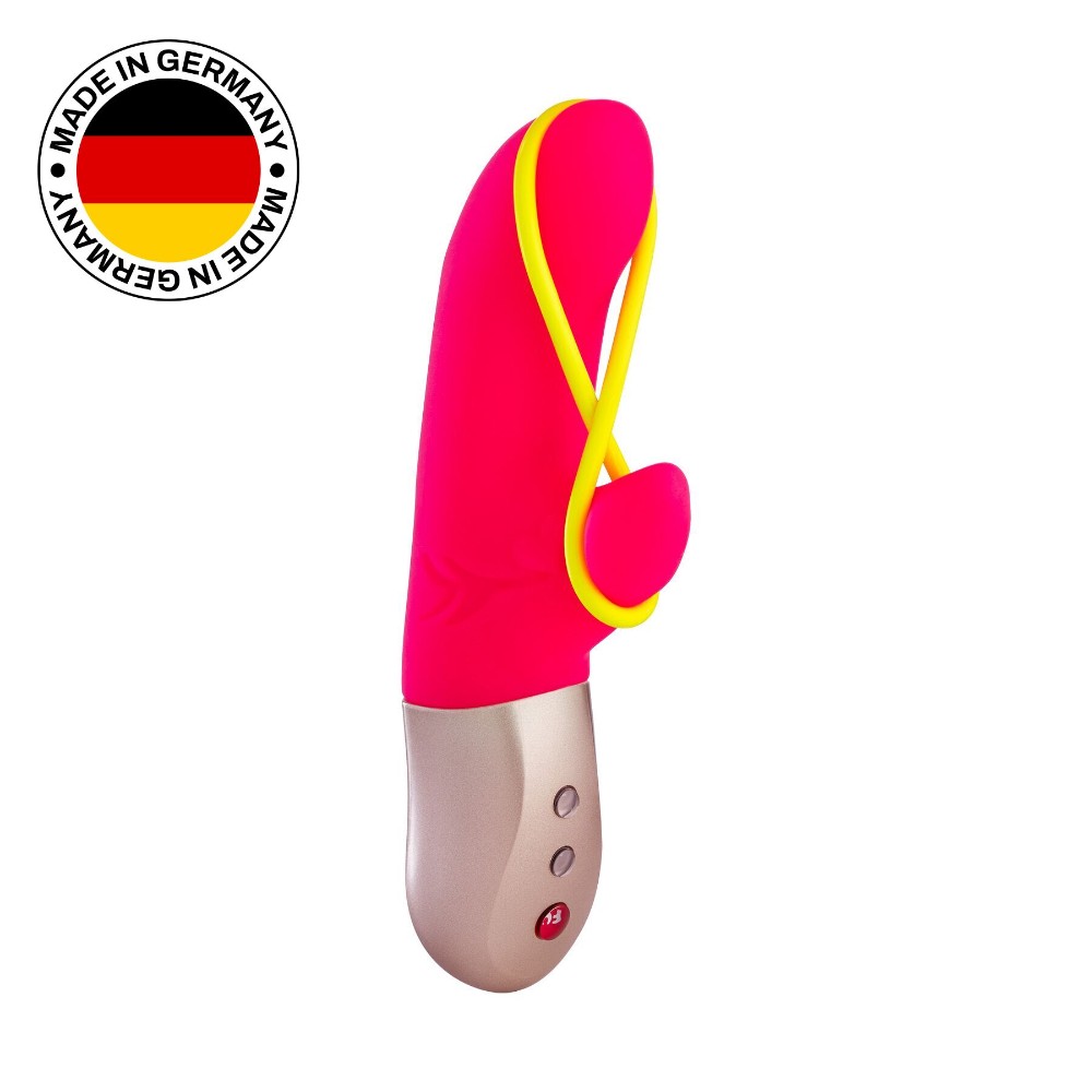 Мінівібратор-кролик зі стимулювальною стрічкою Fun Factory AMORINO pink/neon yellow, стрічка знімна - зображення 1