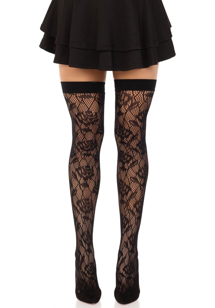 Панчохи Leg Avenue Wild rose net thigh highs, One Size, чорні, широка резинка, малюнок-троянди - зображення 1