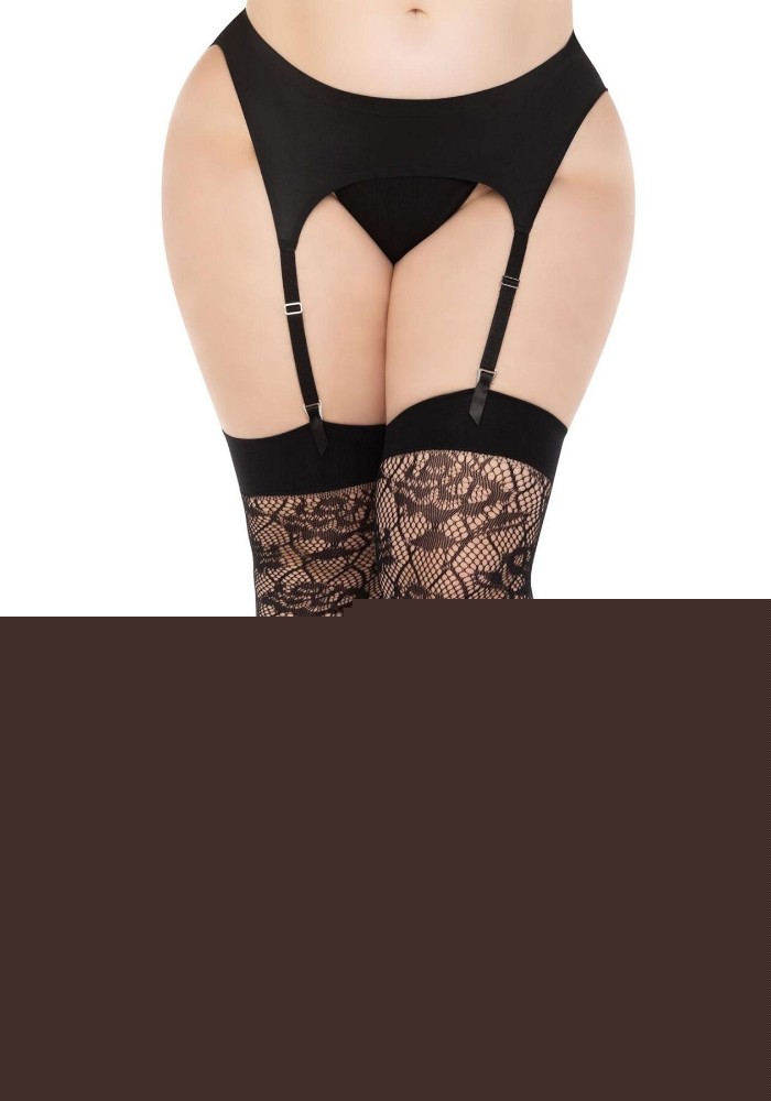 Панчохи Leg Avenue Wild rose net thigh highs, 1X/2X, чорні, широка резинка, малюнок-троянди - зображення 1