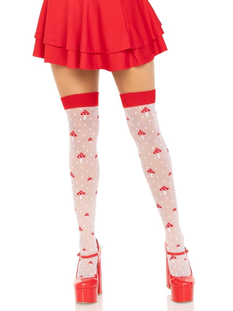 Панчохи Leg Avenue Polka Dot Mushroom Thigh Highs, One Size, біло-червоні, на резинці, малюнок — гриби - зображення 1