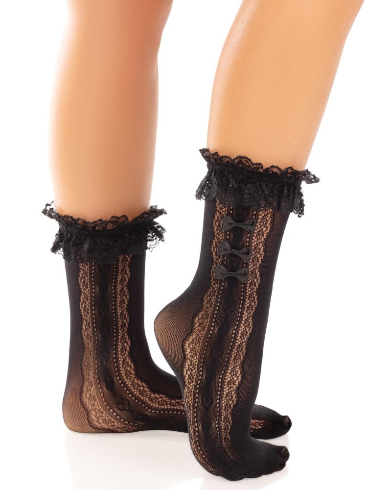 Шкарпетки ажурні Leg Avenue Mini Bow Lace Anklet, чорні, з рюшами, декор — бантики - зображення 1