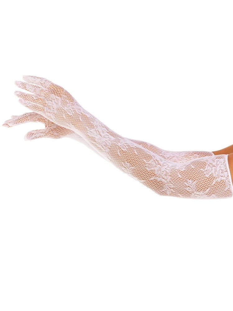 Рукавички Leg Avenue Lace Opera Length Gloves, One Size, білі, вище ліктя, сітка з квітковим візерунком - зображення 1