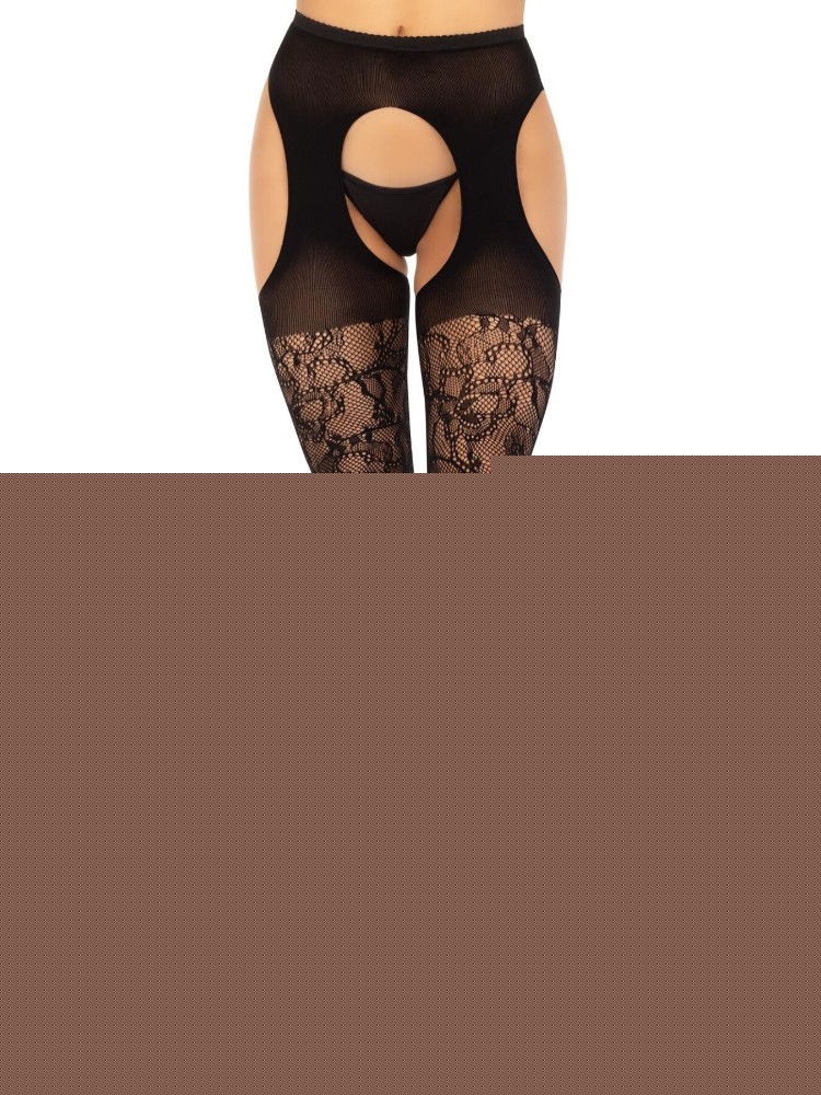 Стрип-колготки Leg Avenue Eyelet lace suspender hose, One Size, чорні, ажурні, з відкритим доступом - зображення 1