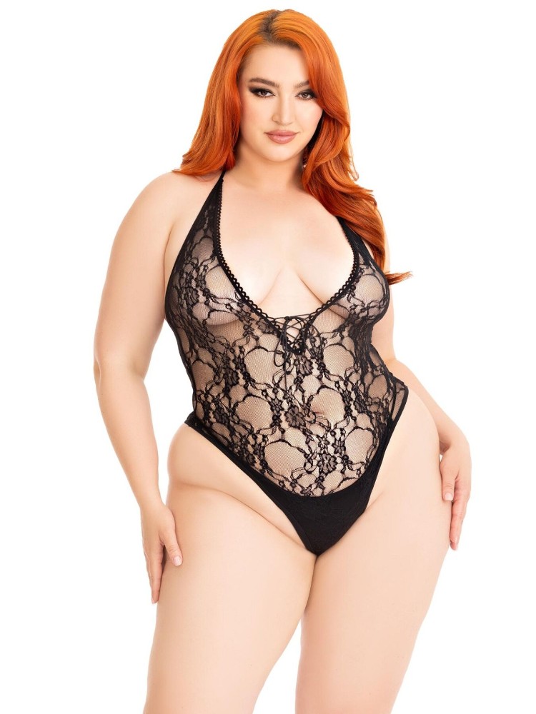 Тедді Leg Avenue Floral lace deep-V teddy, 1X/2X, чорне, мереживне, відкрита спина, високі трусики - зображення 1