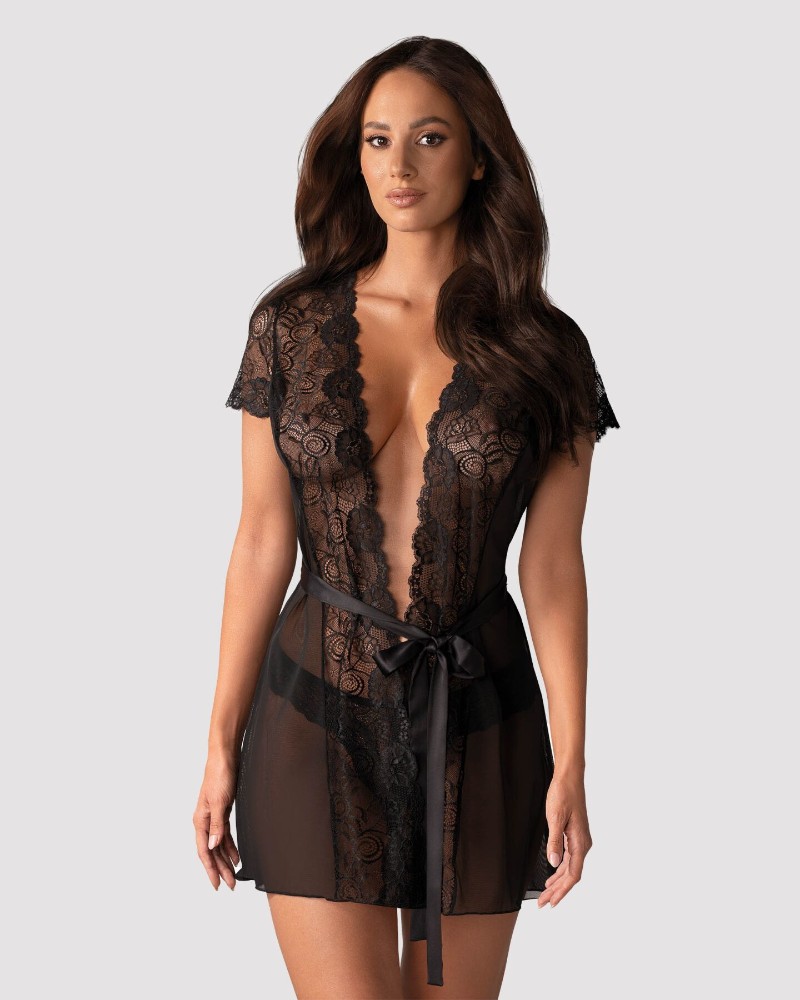 Пеньюар Obsessive Alluria peignoir & thong, S/M, прозорий, з мереживом, пояс, трусики в комплекті - зображення 1