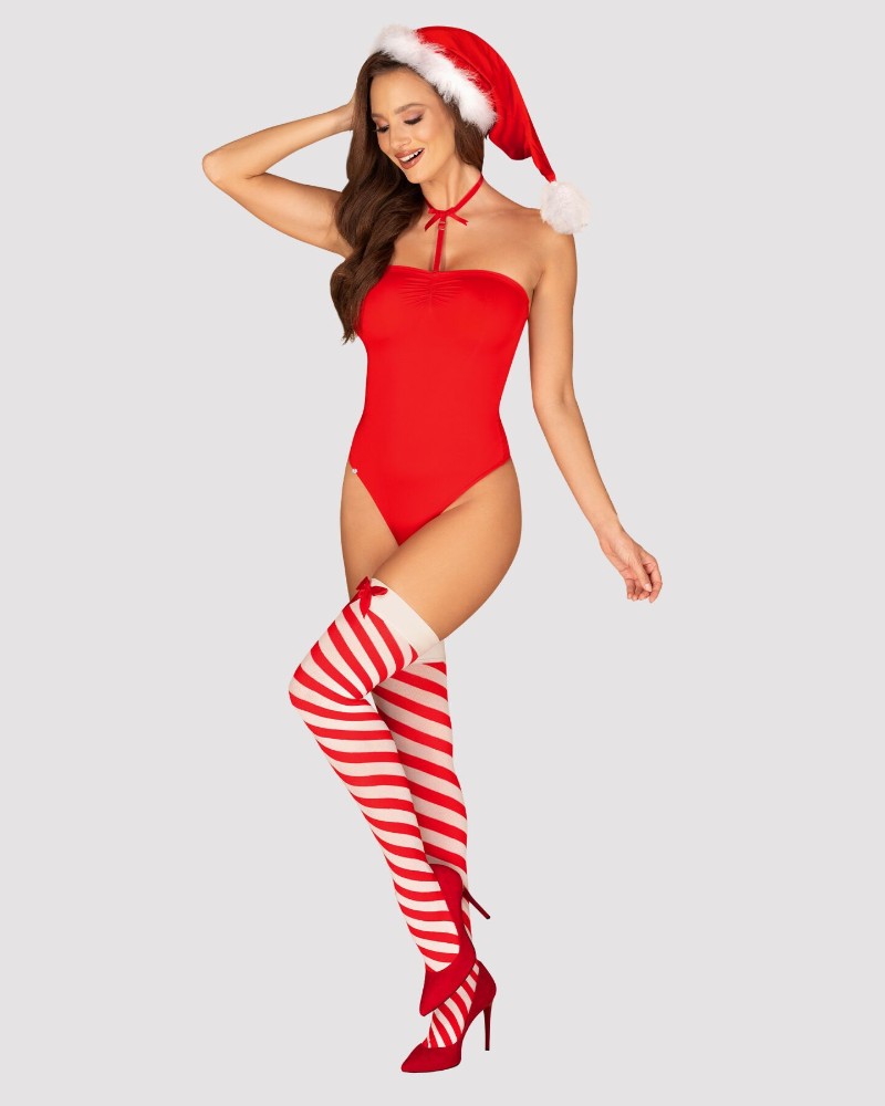 Тедді Obsessive Kissmas teddy, L/XL, червоне, без бретелей, чокер, панчохи та шапка з помпоном у наборі - зображення 1