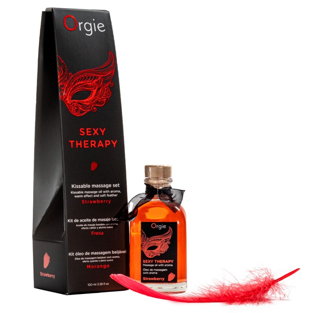 Набір для масажу Orgie – Sexy Therapy Strawberry (100 мл), їстівна розігрівальна олія + пір’їнка - зображення 1