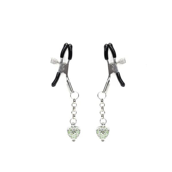 Затискачі для сосків із сердечком Liebe Seele Glow-in-dark Nipple Clamps Green, світяться в темряві - зображення 1