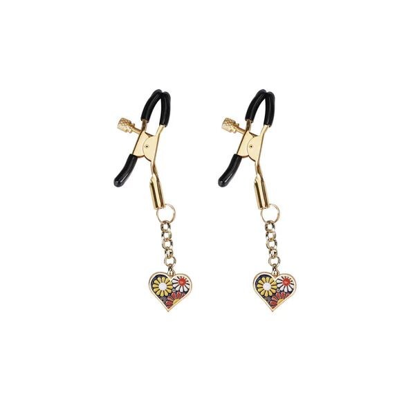 Затискачі для сосків з підвіскою Liebe Seele Nipple Clamps Gold Heart-shaped Flowers on Blue - зображення 1