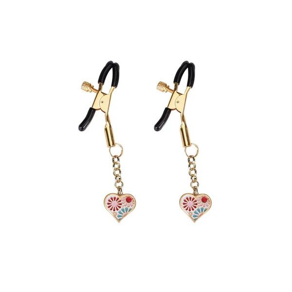 Затискачі для сосків з підвіскою Liebe Seele Nipple Clamps Gold Heart-shaped Flowers on White - зображення 1