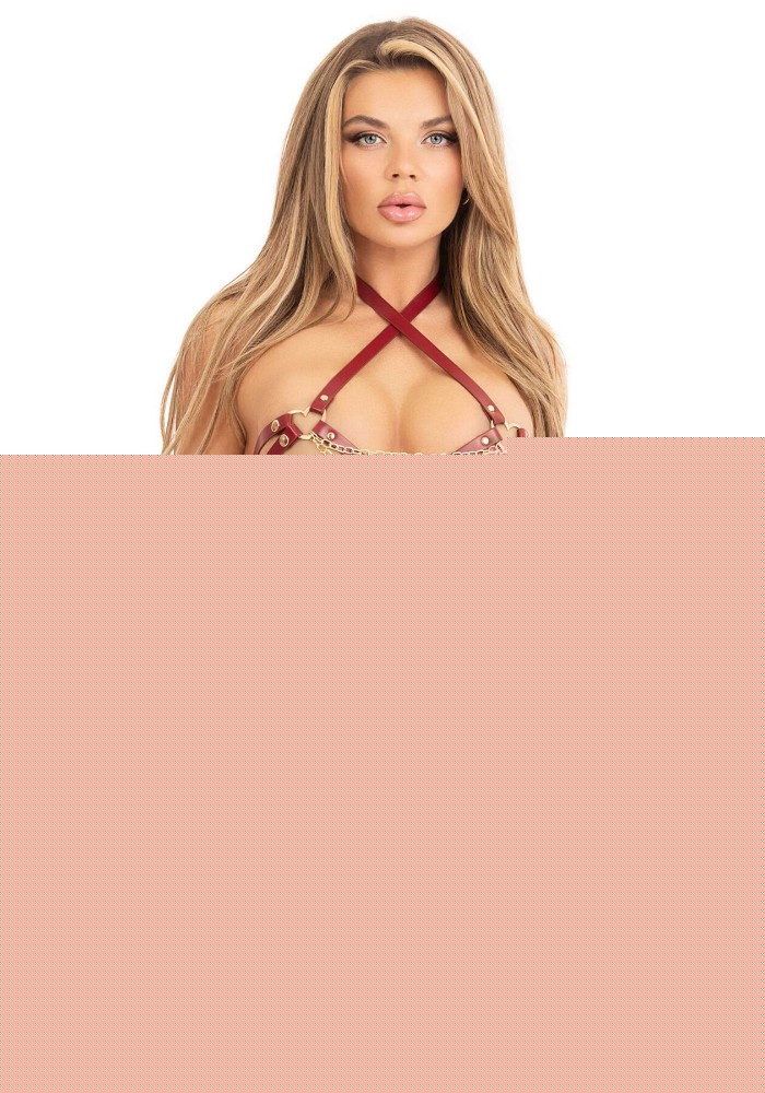Комплект портупея та гартери Leg Avenue Vegan Leather Harness Top and Garter M, екошкіра, бордовий - зображення 1