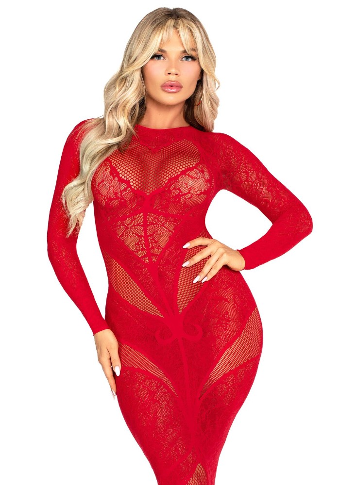 Сукня з довгим рукавом Leg Avenue Lace and Net Bodycon Gown One Size, Red - зображення 1