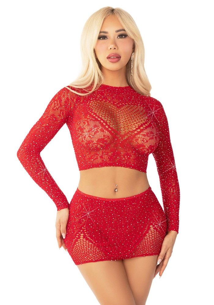Блискучий комплект кроп-топ і спідниця Leg Avenue Rhinestone One Size, Red, довгий рукав - зображення 1