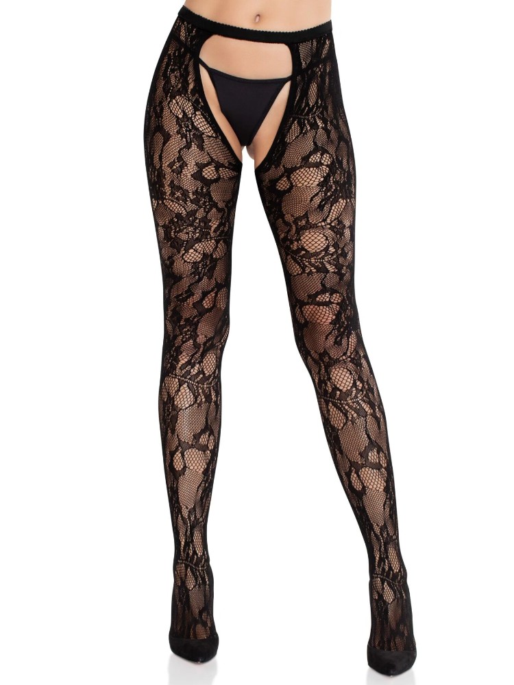 Колготки Leg Avenue Rose Lace Crotchless Tights with Open One Size Black - зображення 1
