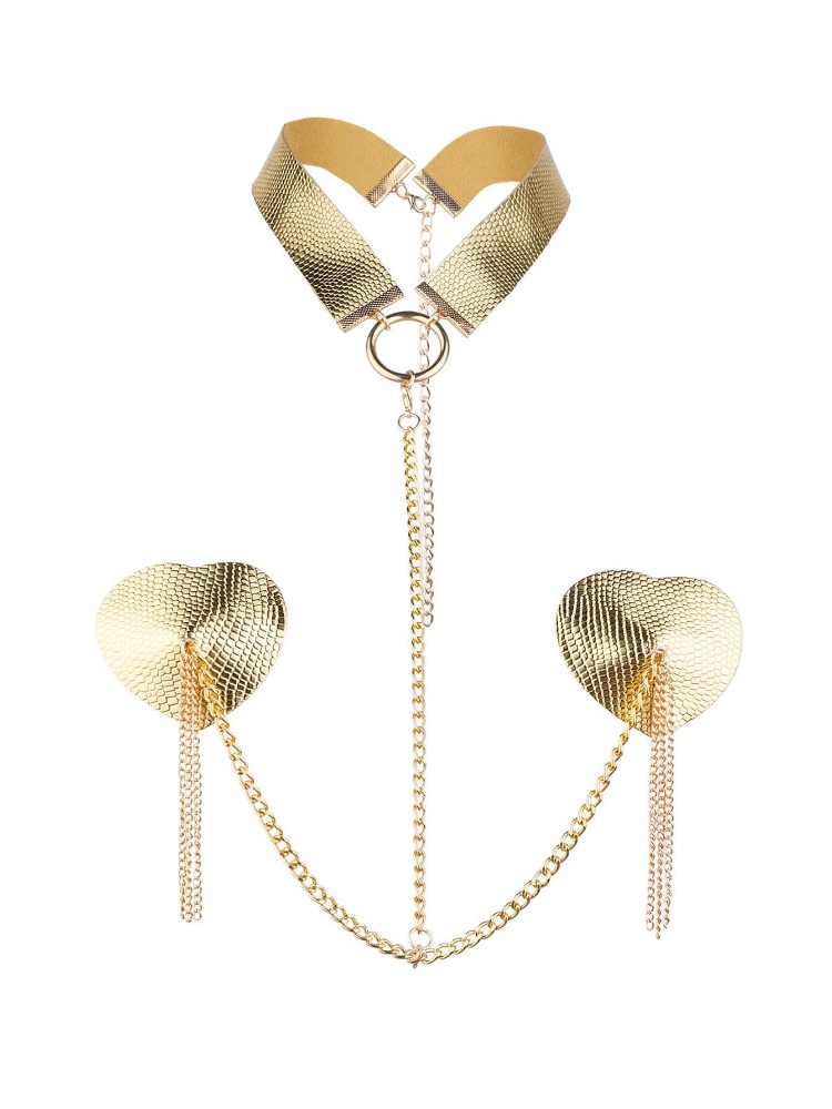 Пестис-сердечка з пензликами та чокером JSY Nipple Sticker RT236114 Golden - зображення 1