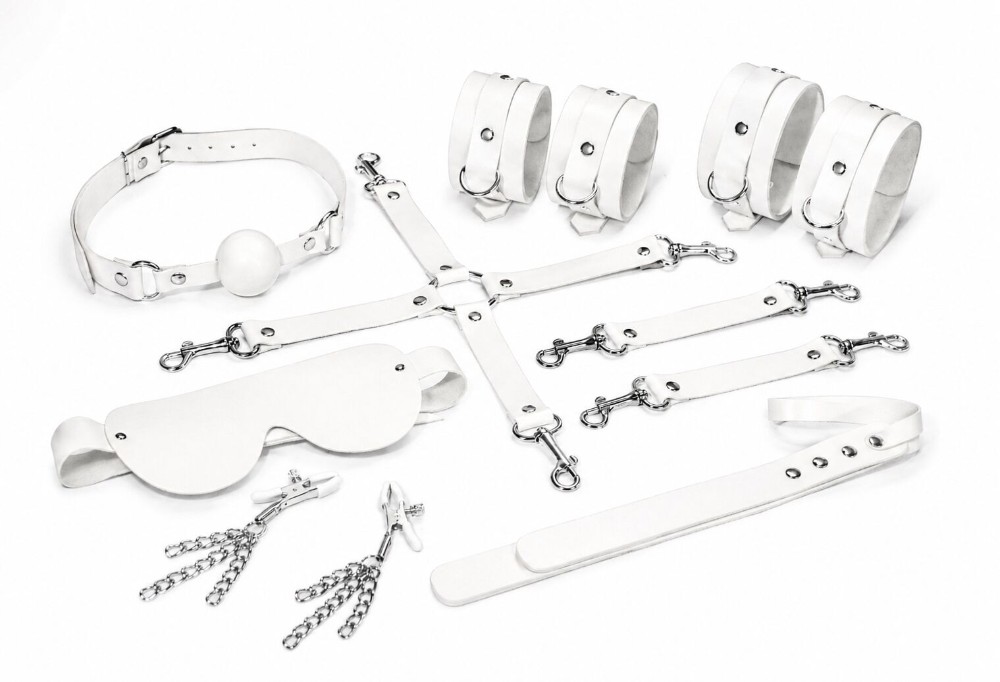 Набір Feral Feelings BDSM Kit 7 White, наручники, поножі, конектор, маска, падл, кляп, затискачі - зображення 1