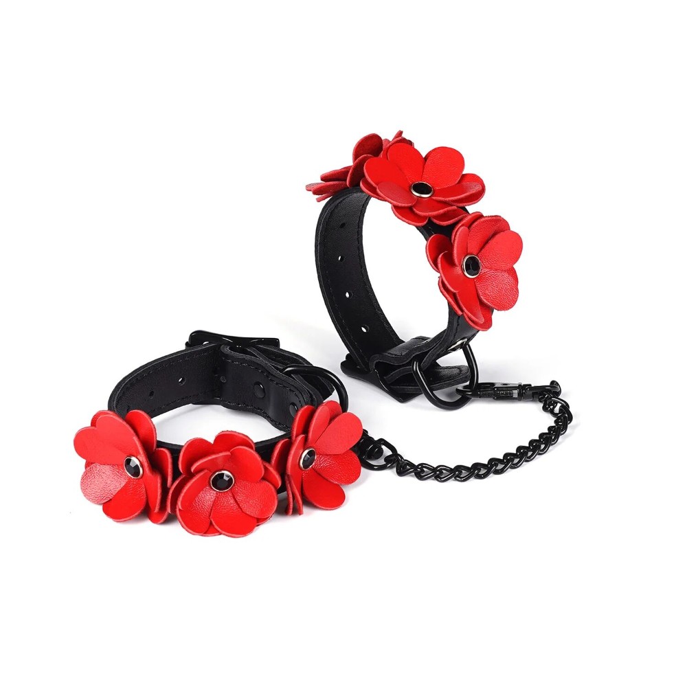 Наручники Liebe Seele Flower Rhythm - Black and Red Leather Flowers Hand Cuffs - зображення 1