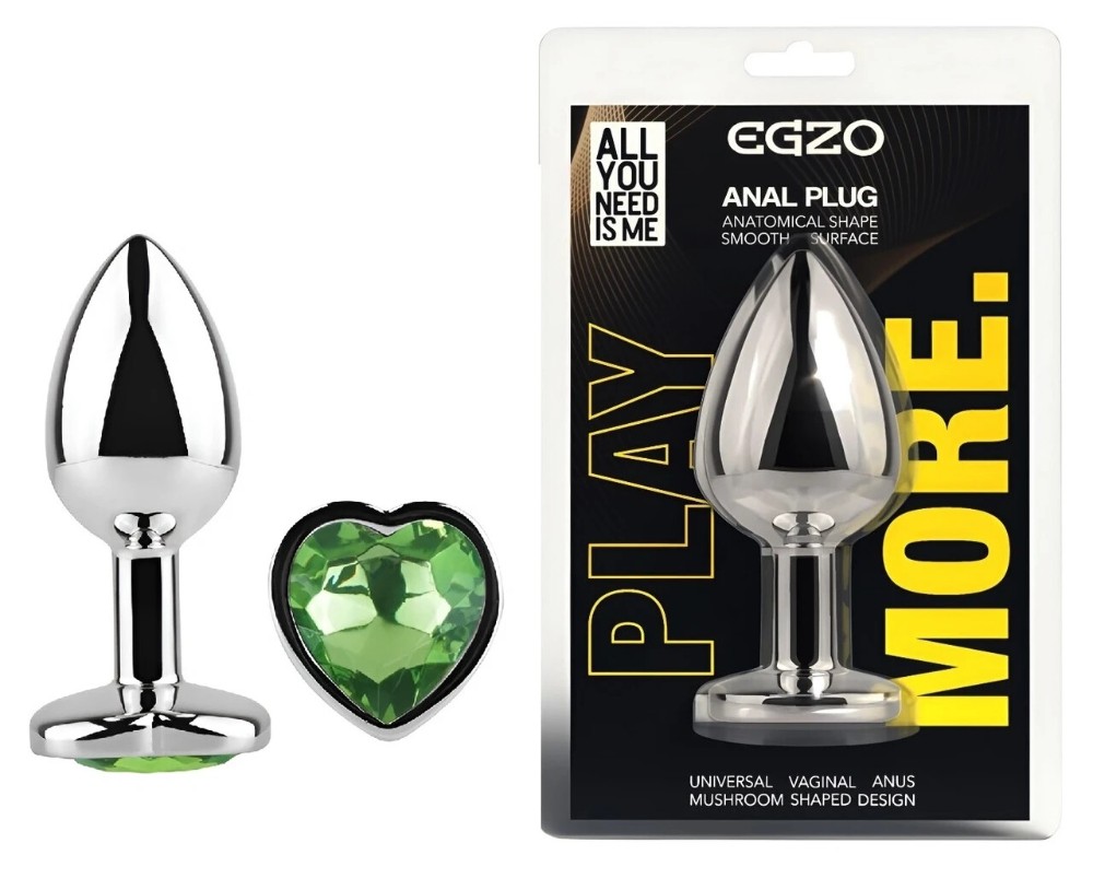 Анальная пробка EGZO Silver Heart Plug MSH-09S с зеленым кристаллом, нержавеющая сталь, размер S - зображення 1