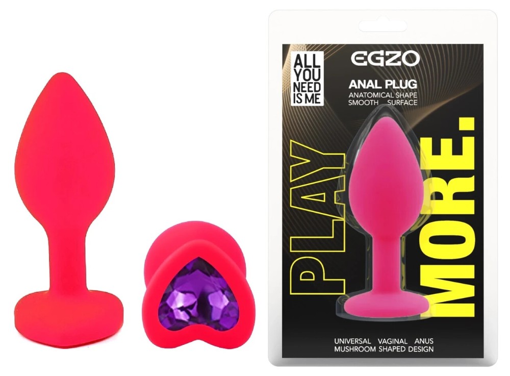 Анальная пробка EGZO Silicone Heart Plug S, розовая, с фиолетовым кристаллом - зображення 1