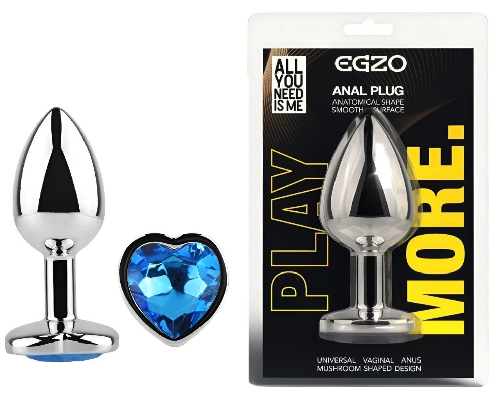 Анальная пробка EGZO Silver Heart Plug Blue S из медицинской стали с синим кристаллом-сердцем - зображення 1